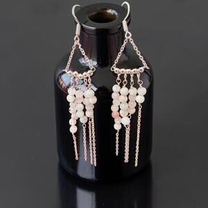 Long Beaded Rainbow Moonstone Dangle Earrings Sterling Silver Plated